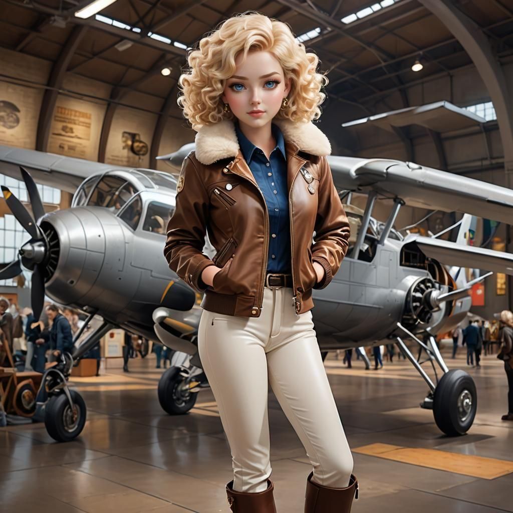 Anime Girl in Aviation Museum: 3D Rendered Art