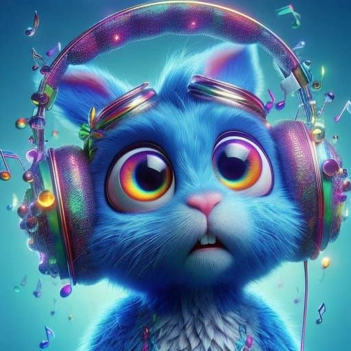 Electric Blue Bunny Enjoys Vibrant, Glittering Headphones in...