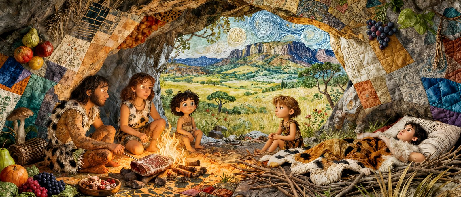Early Hominids in Cave Shelter, Whimsical Patchwork Style
