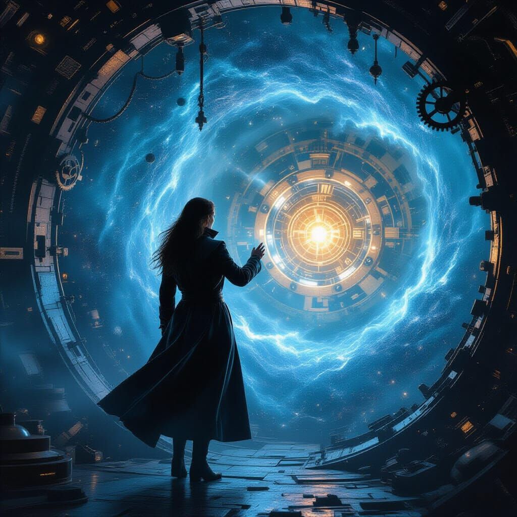 Lone Scientist in Vortex of Stardust, Biomechanical Style