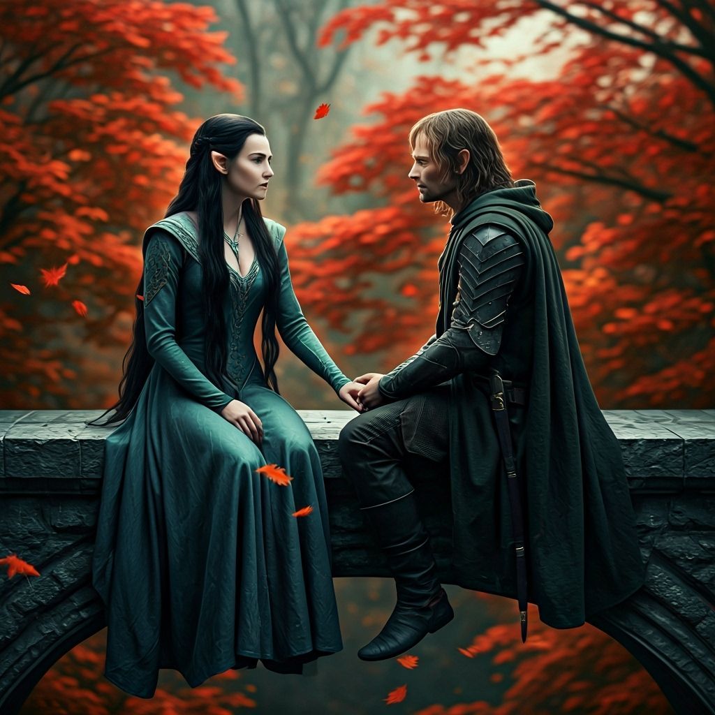 Arwen and Aragorn Sit on a Bridge in Autumn Elven City