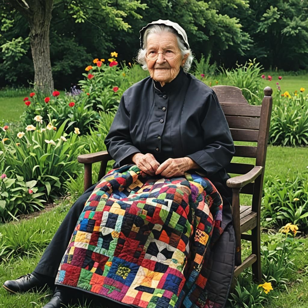 Amish Granny with Quilt in Garden