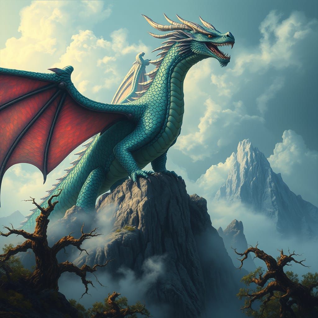 Mythical Dragon Perched on a Mysterious Mountain