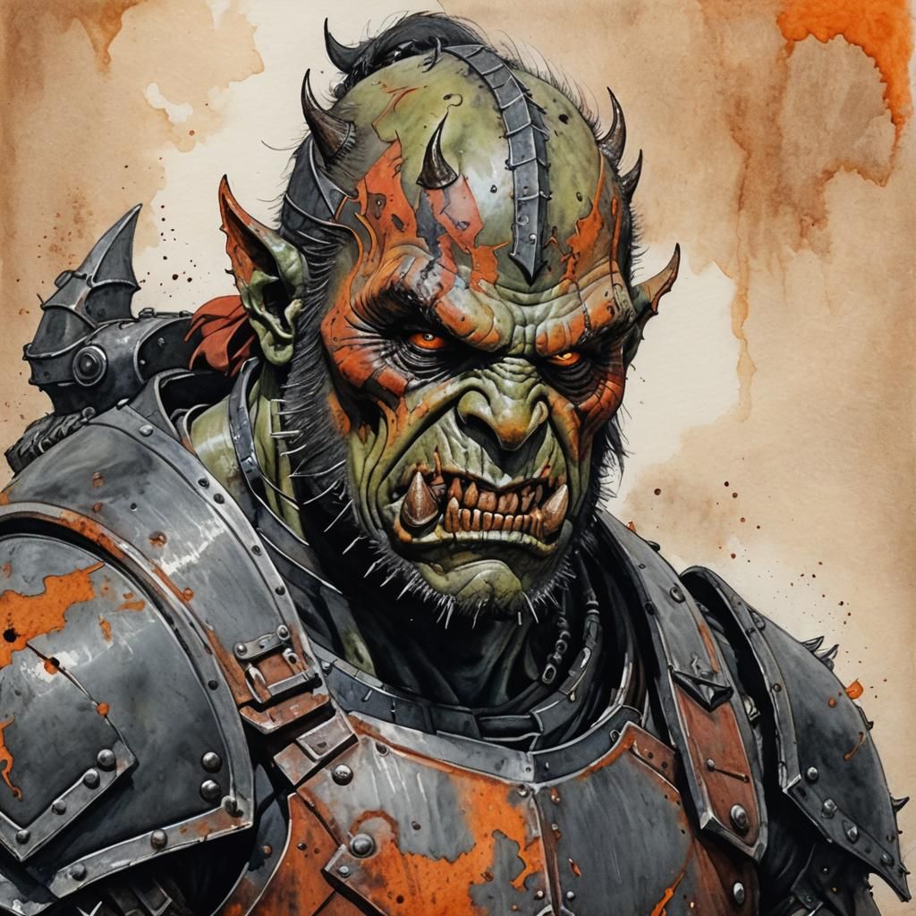 Wicked Orc in Rusty Armour: Watercolour Pencil Art