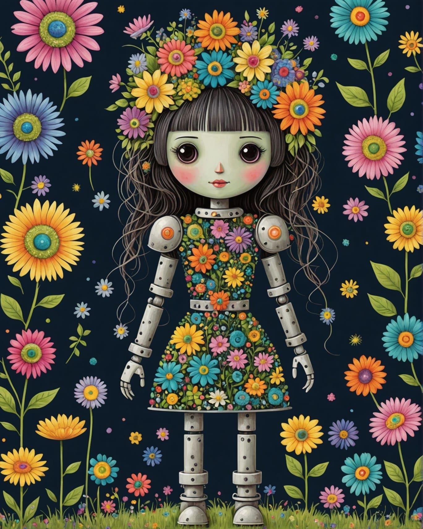 Eldritch Robot Girl in Whimsical Floral Fantasy Art
