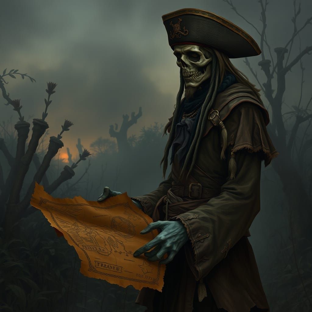 Melancholic Zombie Pirate in Overgrown Garden