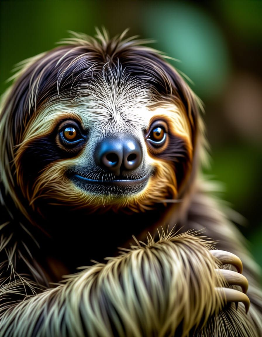 Sad Sloth Face in Rainforest Amidst Destruction