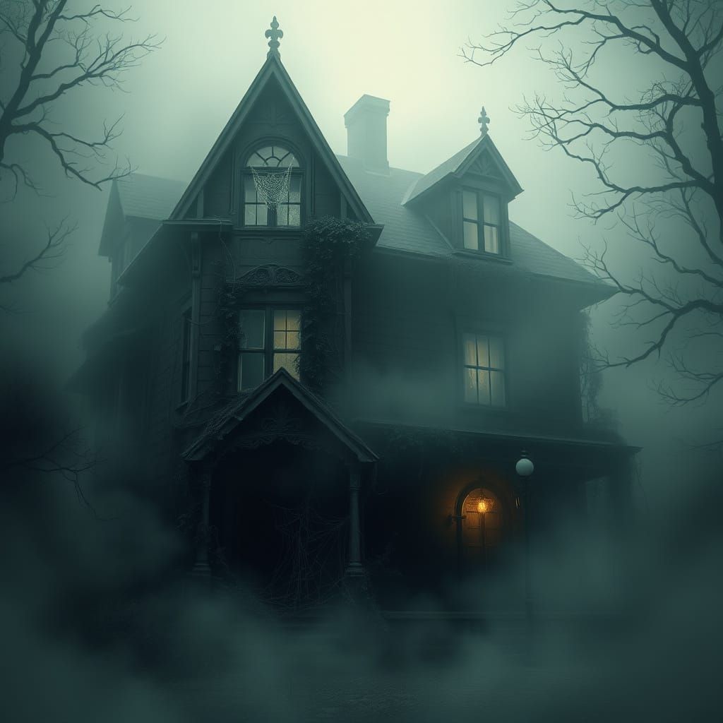 Eerie Victorian House in Thick Fog