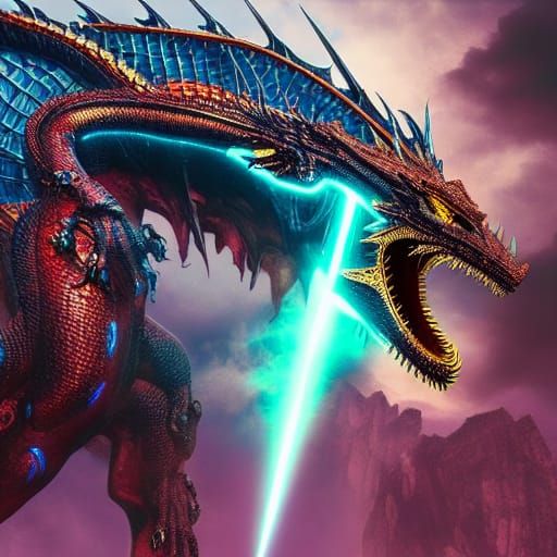 Metallic Dragon with Neon Eyes and Laser Claws