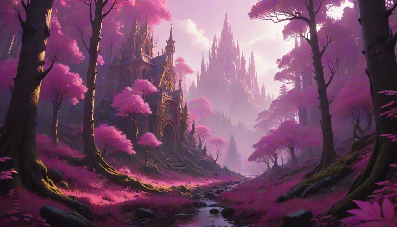 Hyperdetailed Pink Forest Concept Art in 8K