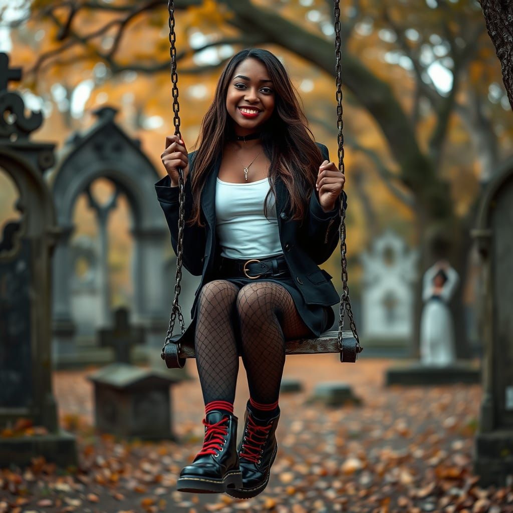 Gothic Woman on Cemetery Swing in Photography Style