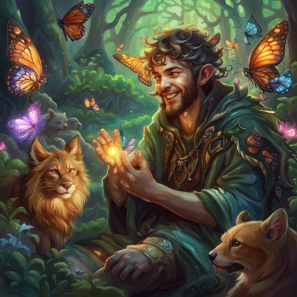 Half-Elf Druid Entertaining Forest Animals in Holographic St...