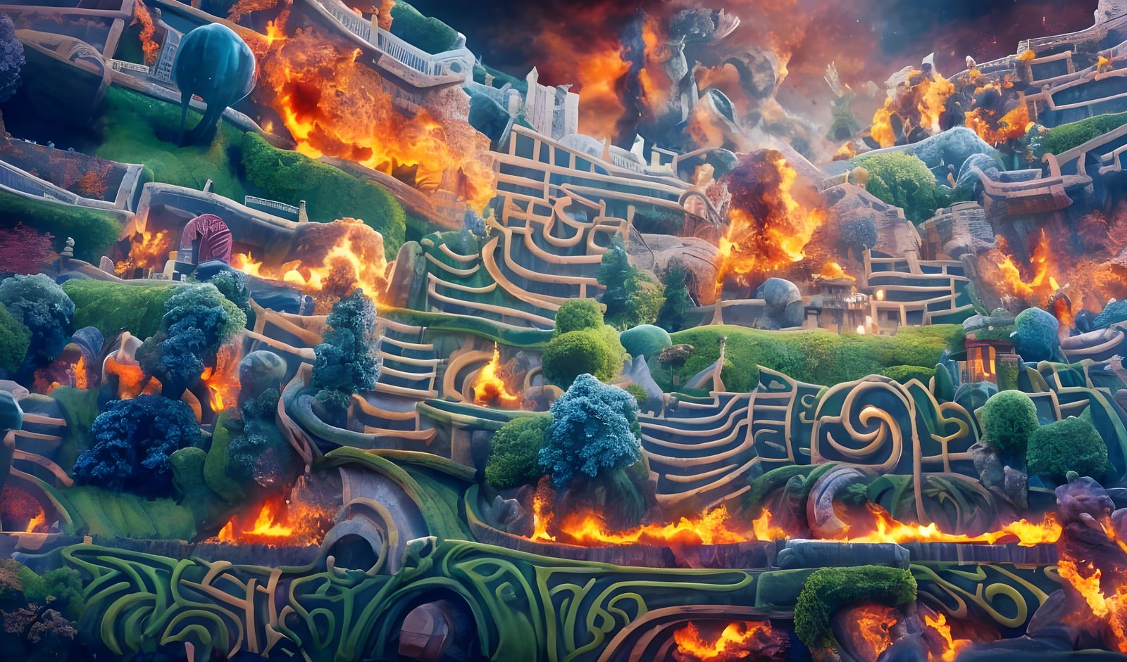 Hedge Maze Ablaze: Detailed Fantasy Concept Art