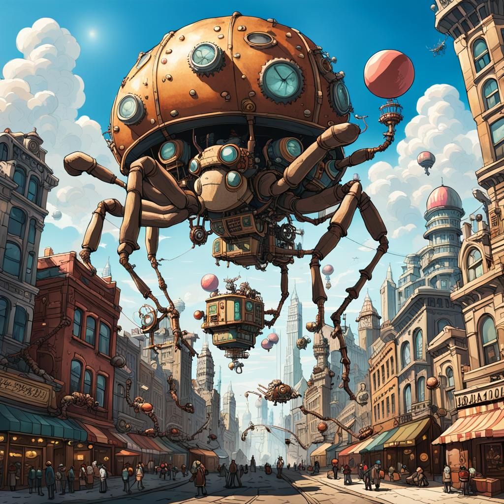 Steampunk City in the Sky with Mechanical Ant