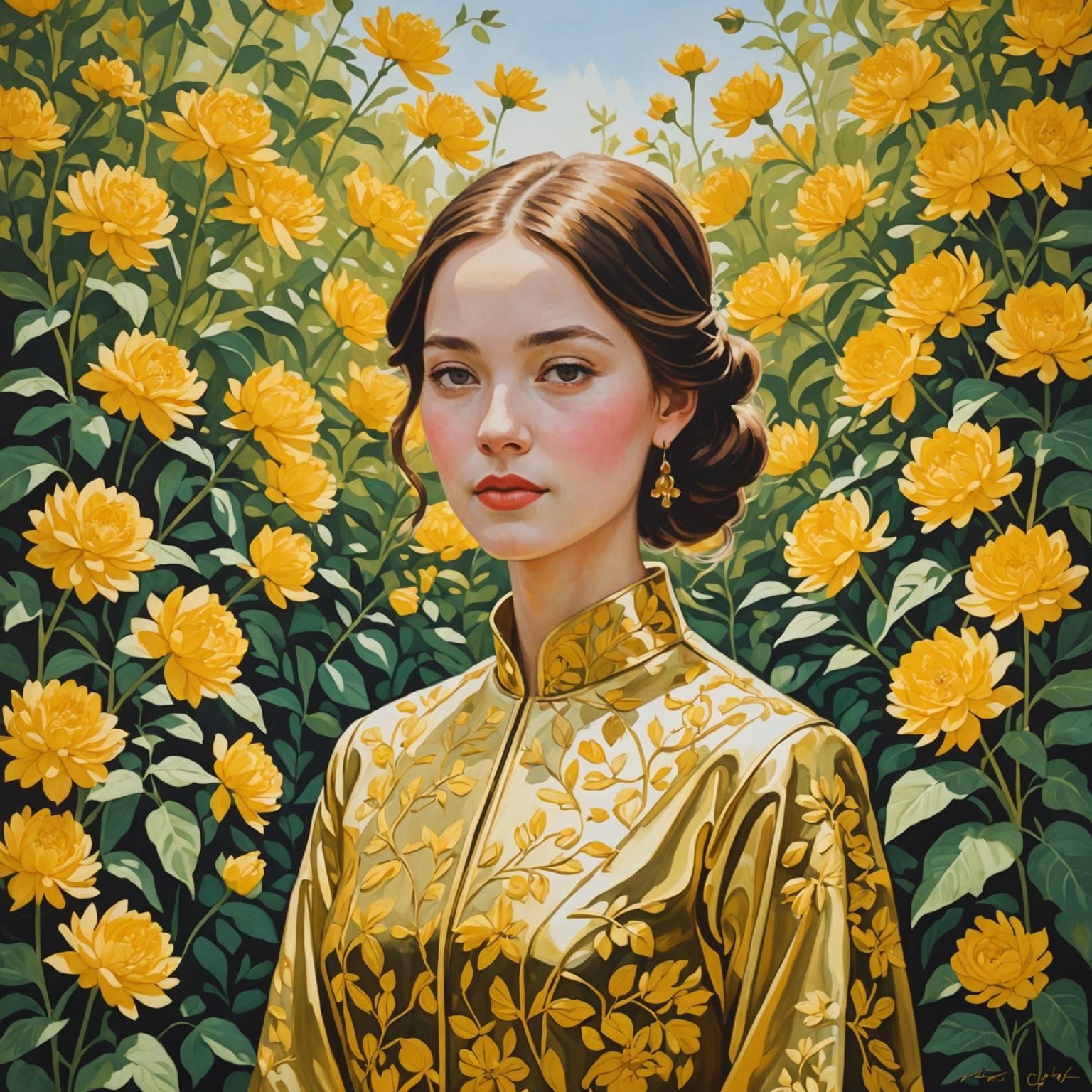 Gleaming Girl in Golden Gouache Garden