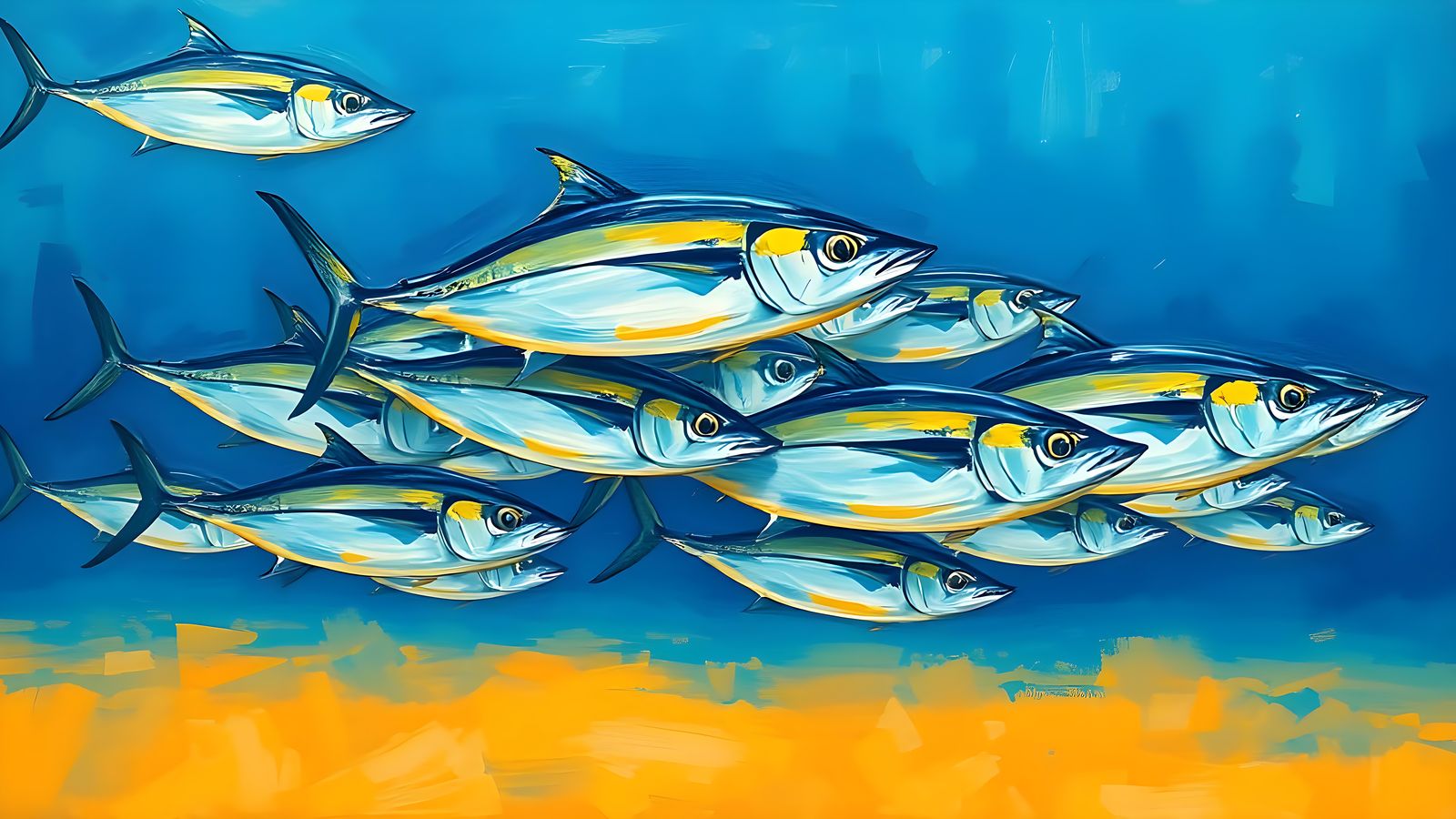 Vibrant Yellowfin Tuna School Against Blue Sky with Sandy Du...