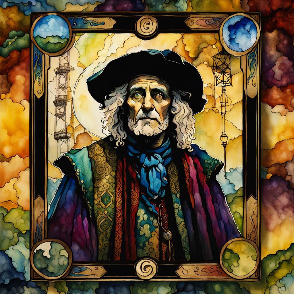 Tarot card portrait The Fool ztheatre alcohol ink 26k resolution Alphonse Michael Casper David Friedrich