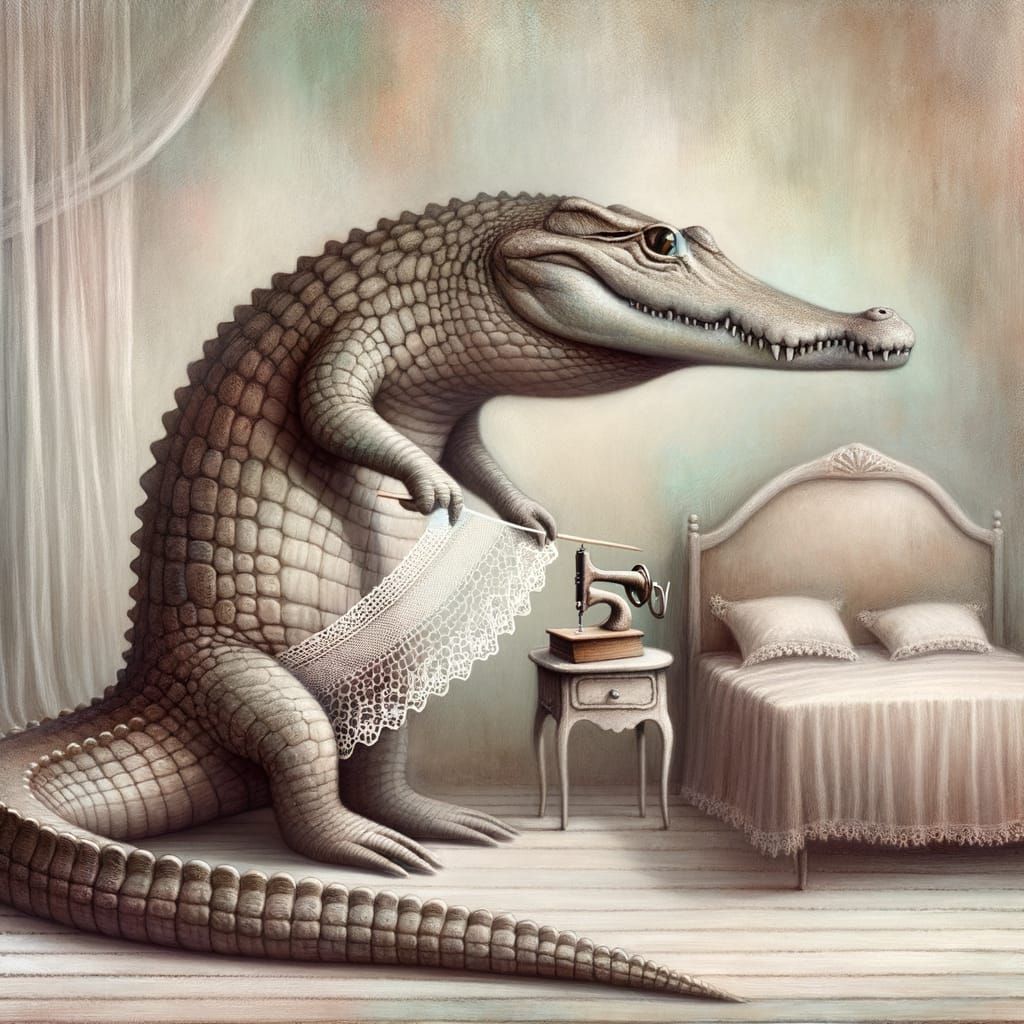 Surreal Crocodile Crafts Lace in Dreamy Bedroom Painting