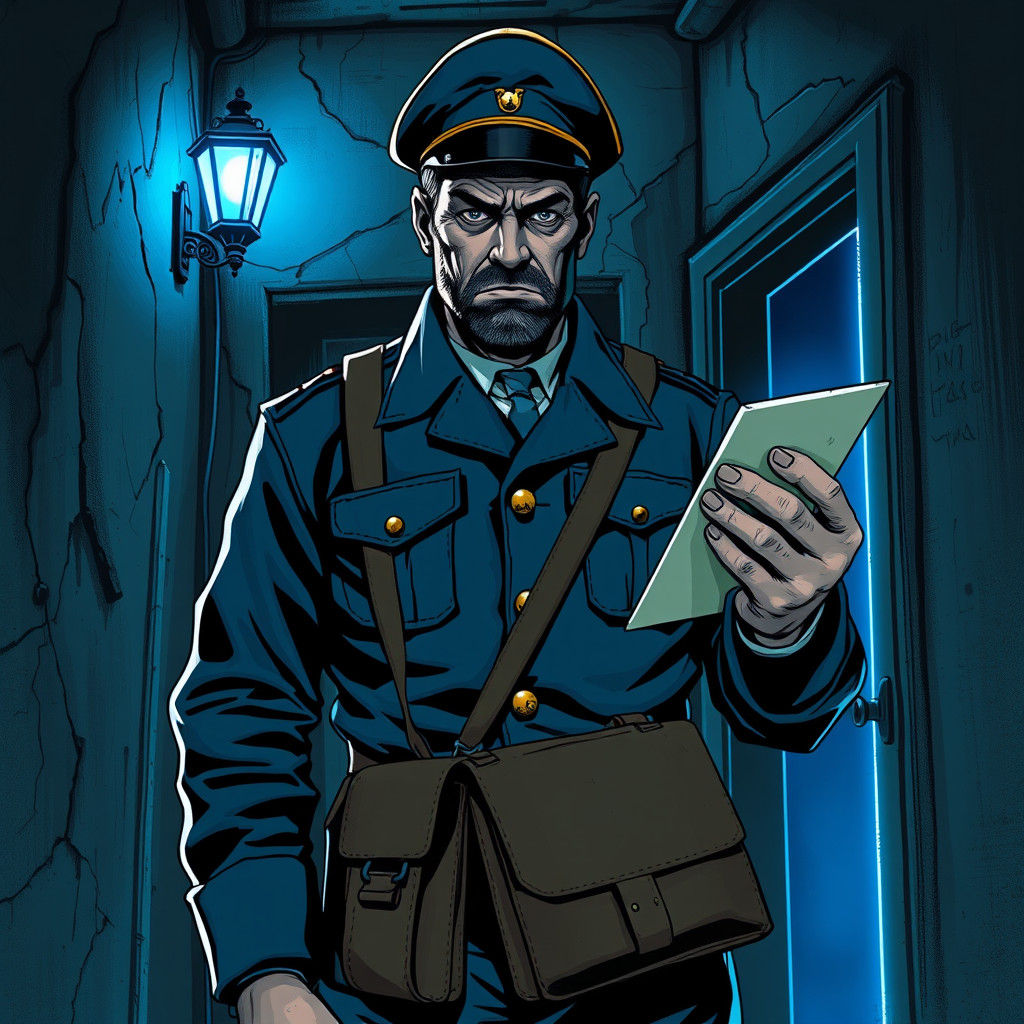 Brooding Postman in Dystopian Apartment, Digital Art