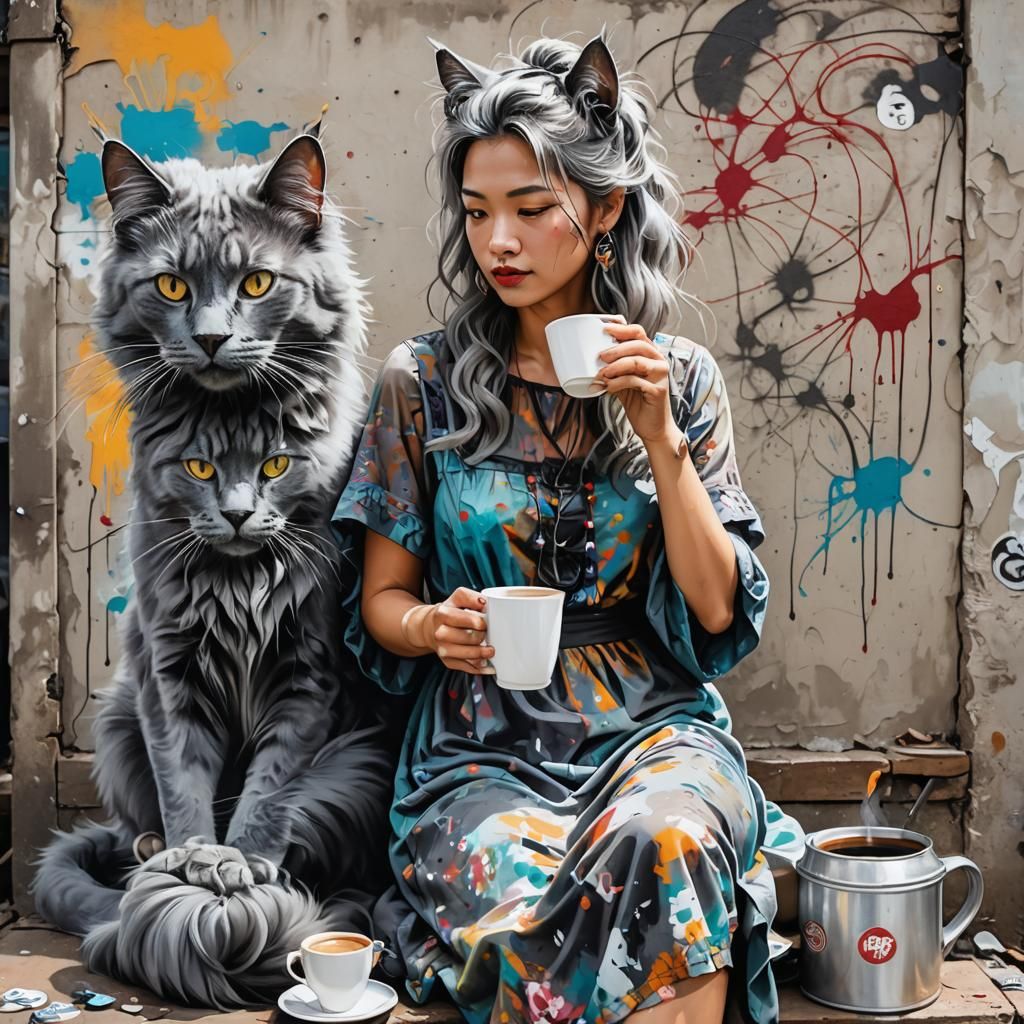Nebelung Cat and Woman in Kampong, Graffiti Art