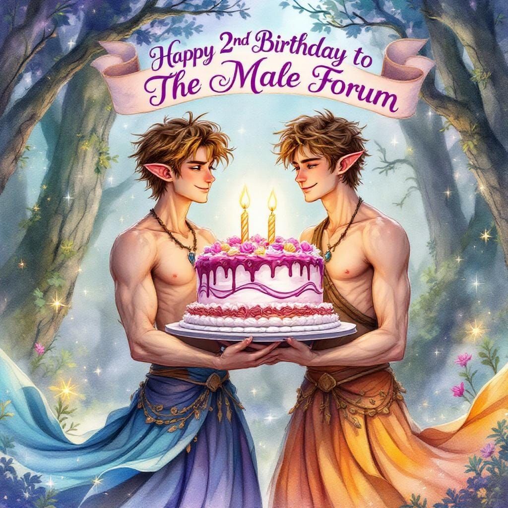 Gay Elves Celebrate Birthday in Watercolor Fantasy