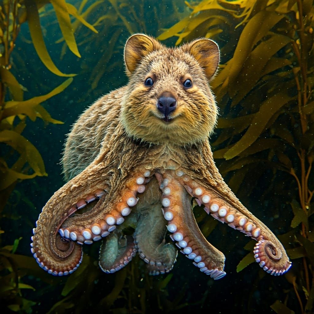 Quokka Octopus Hybrid Drifting Through Kelp Forest