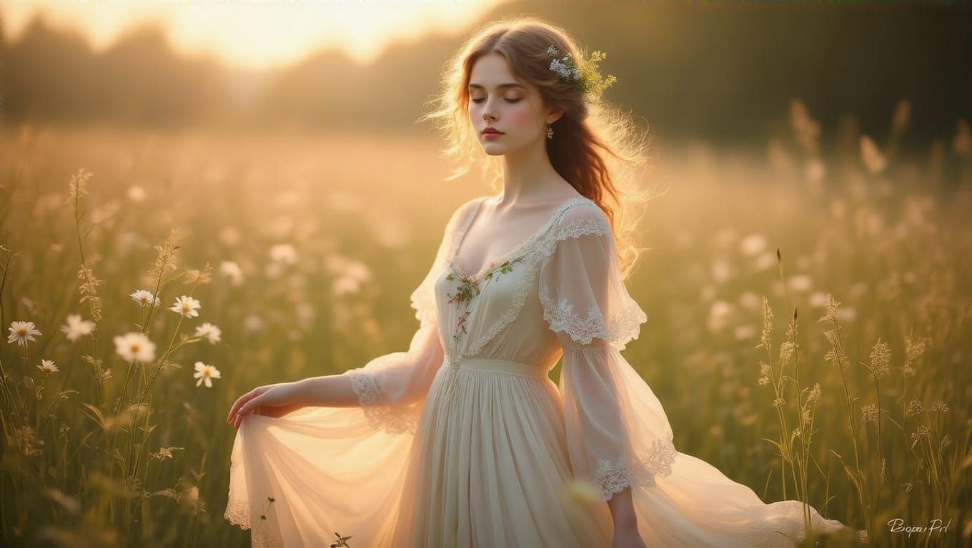 Serenely Elegant Young Woman in a Sun-Dappled Meadow