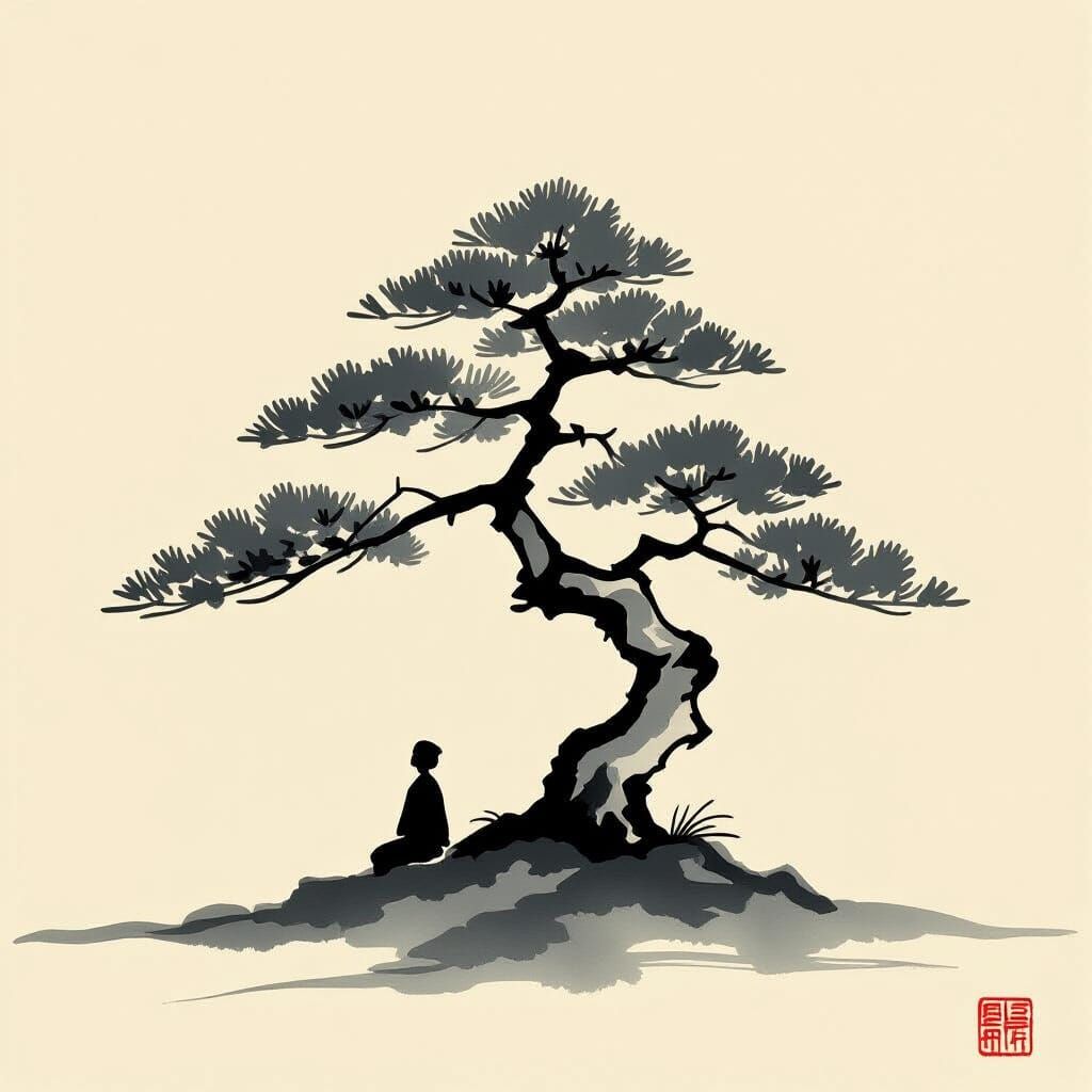 Bonsai in Sumi-e Style with Expressive Brushwork
