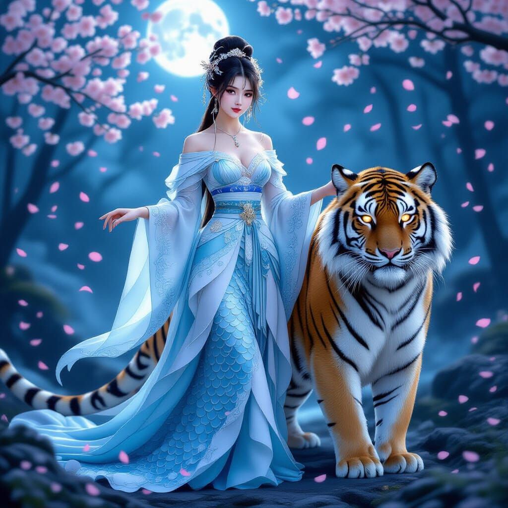 Water Spirit's Companion: Girl and Tiger in Moonlit Forest