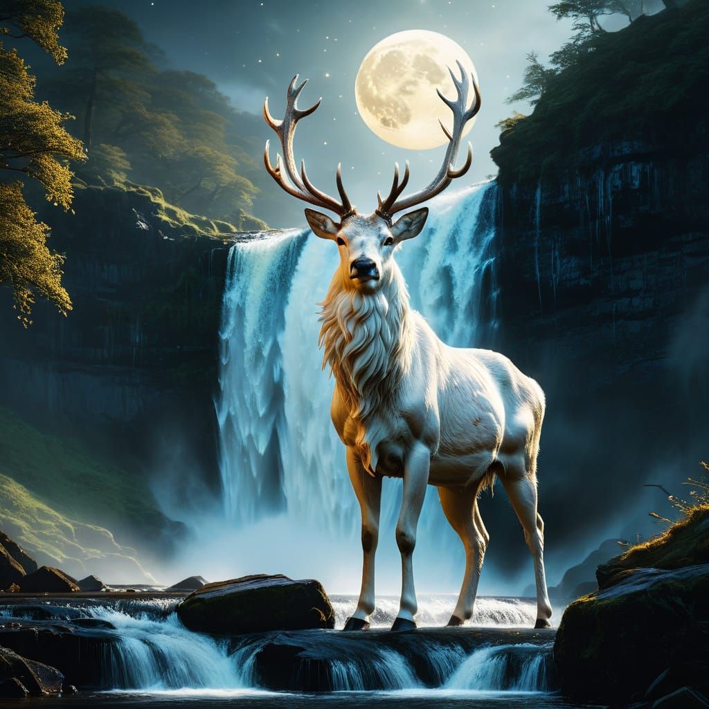 White Stag Holds Moon: Hyper-Realistic Oil Painting