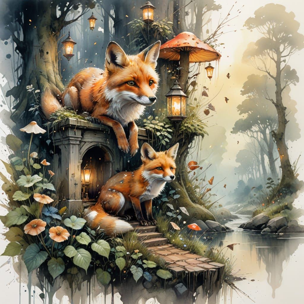 Fox Cubs Discover Mushroom Village in Watercolour Style