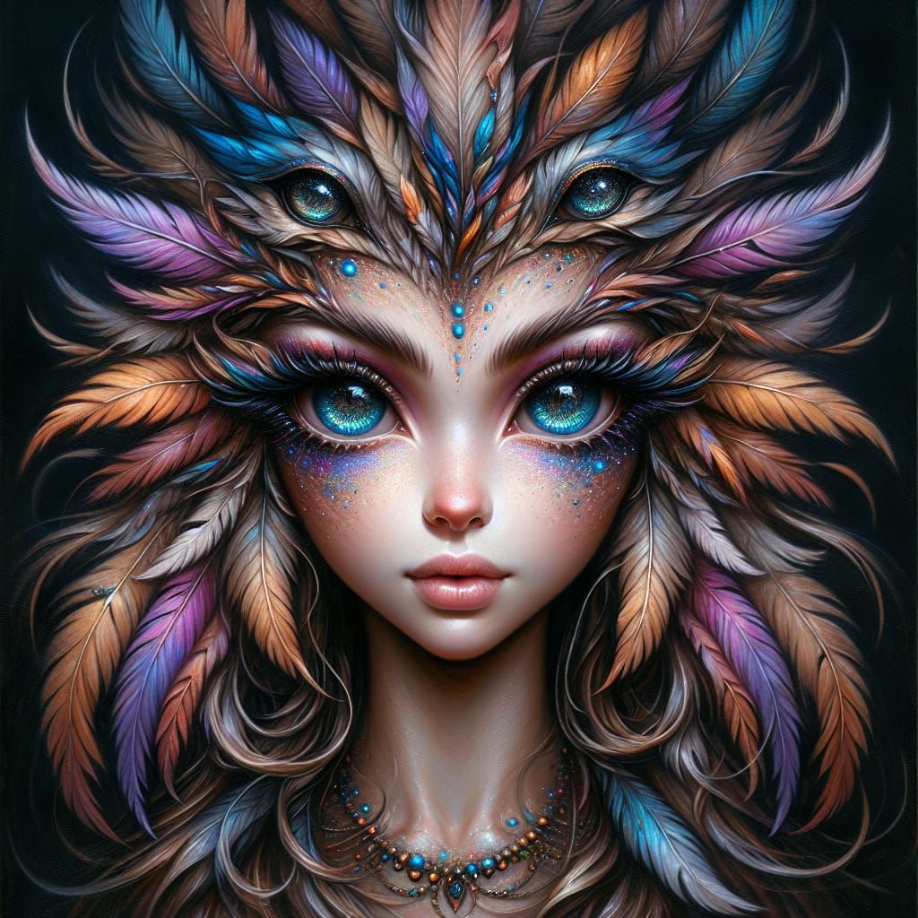 Fantasy Art: Beautiful Bird-Girl in Oil Paint Style