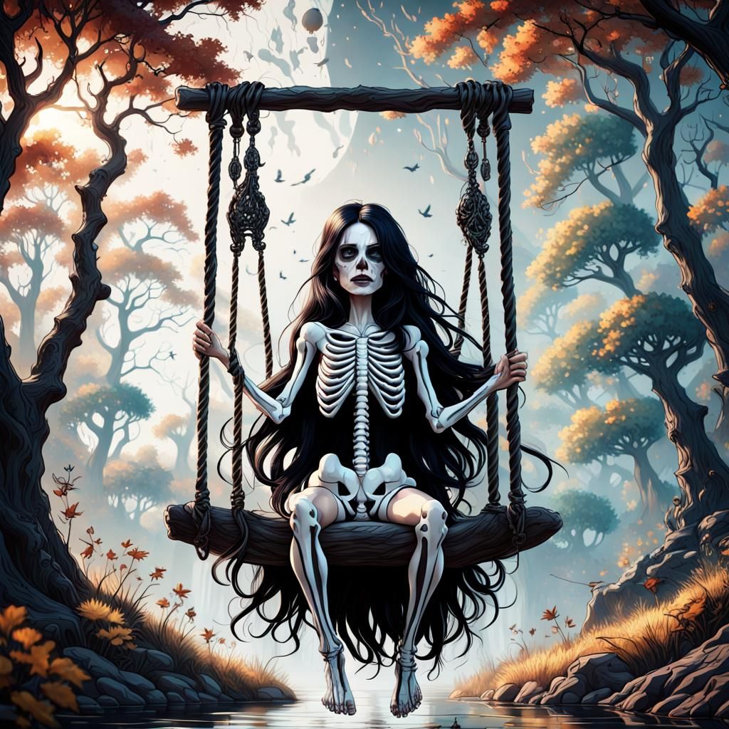Gothic Girl on Rope Swing in Dark Fantasy Noir