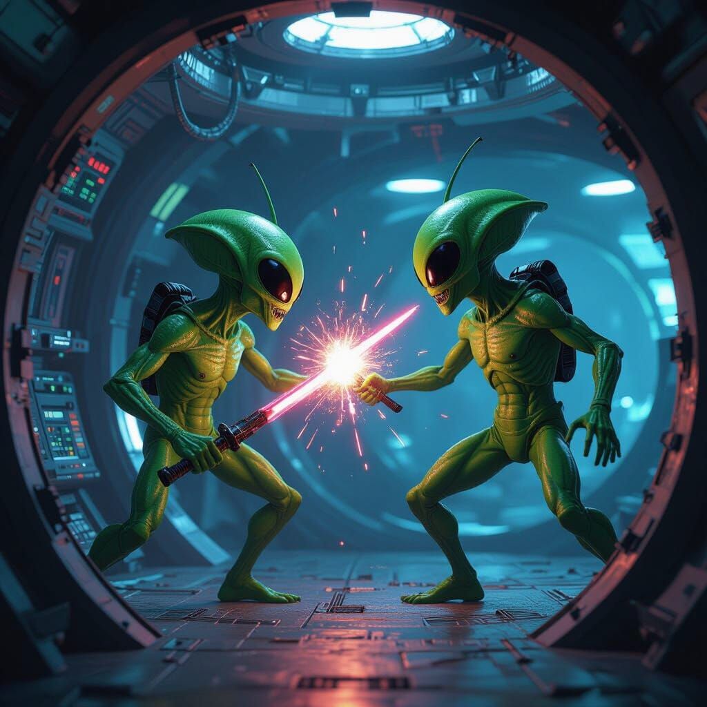 Cinematic Concept Art of Aliens Battling in UFO