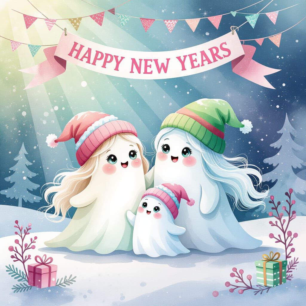 Cute Colorful Ghosts in Snowy New Year Landscape