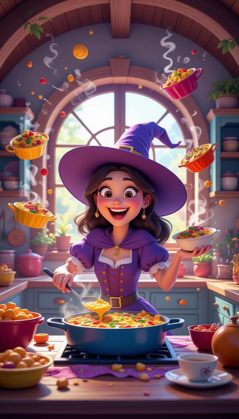 Whimsical Witch Cooking in a Magical Kitchen