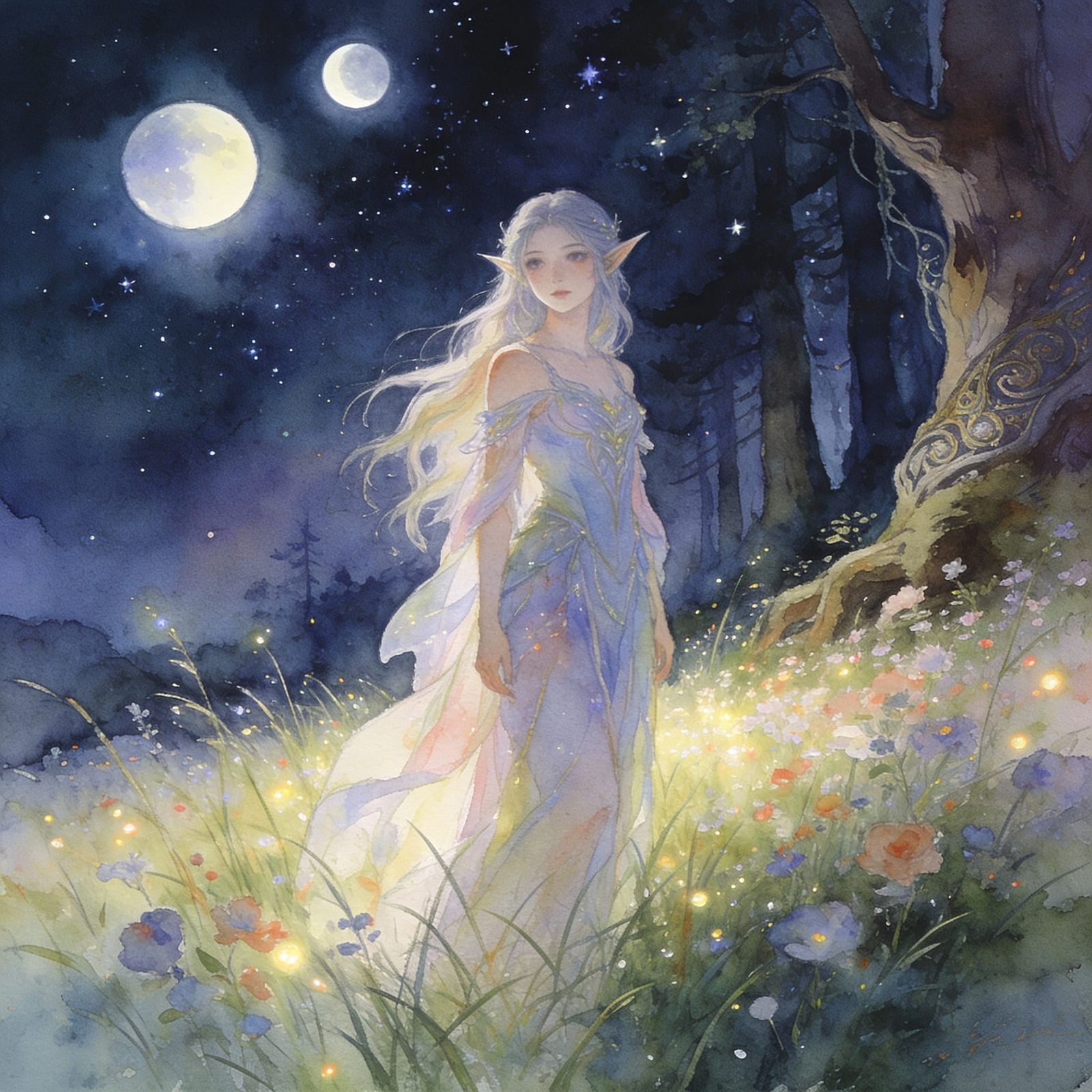 Magical Elf in Twilight Meadow with Two Moons