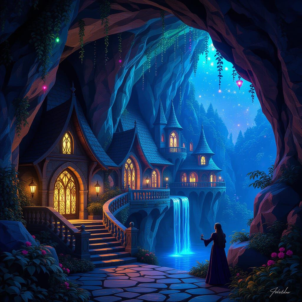 Ethereal Elven Dwellings with Fairy Lights in Crystal Caves