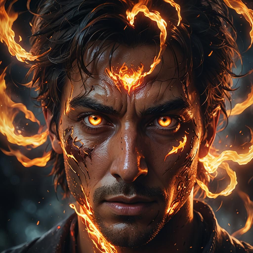 Face with Eyes Ablaze: Hyper-Realistic Concept Art