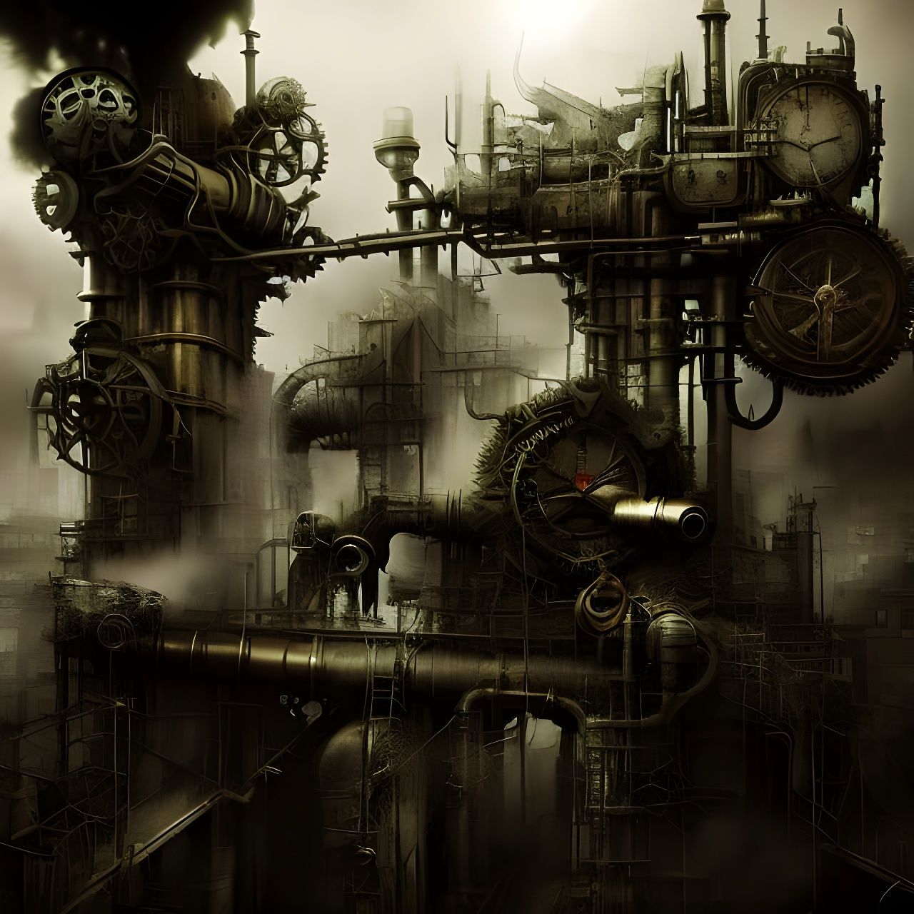 Steampunk City with Gears and Black Smoke