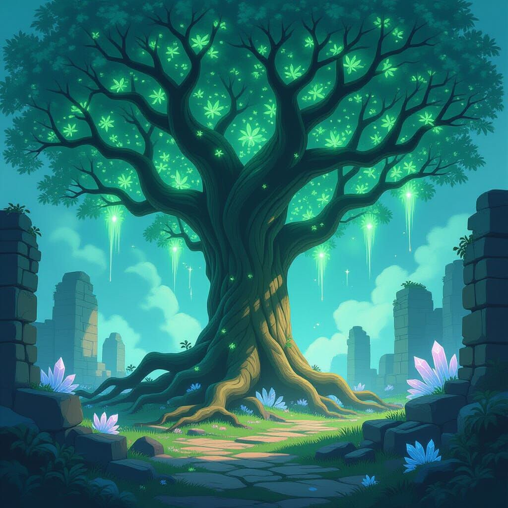 Ancient Bioluminescent Tree in Mystical Clearing
