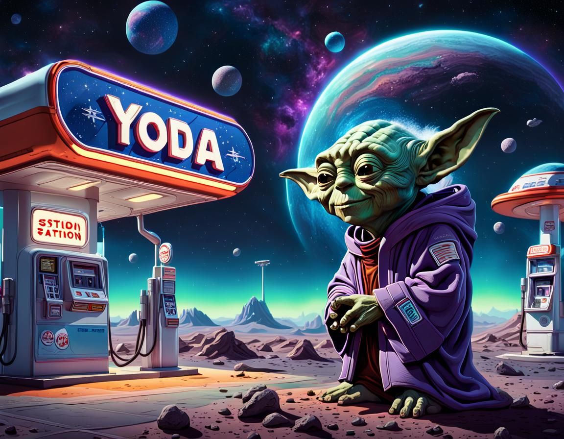 Retro Sci-Fi Gas Station on Asteroid