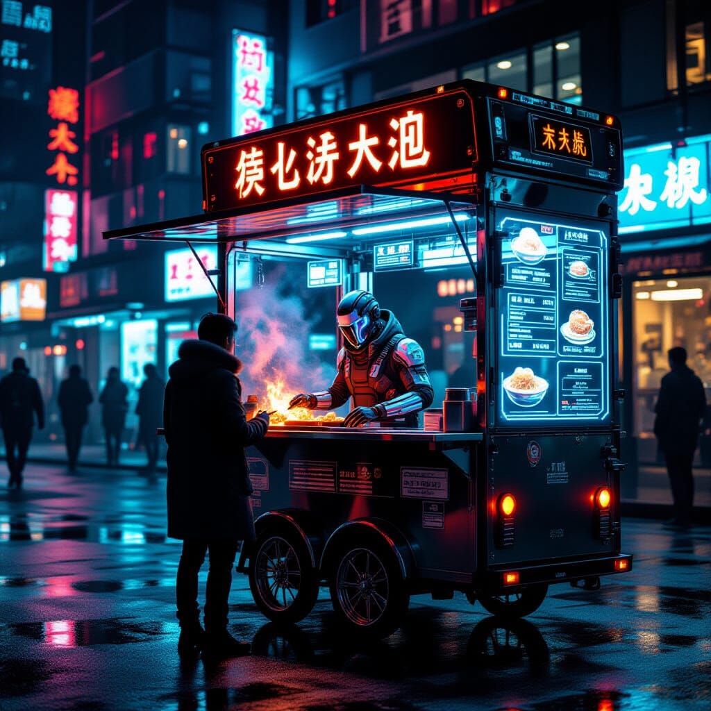 Cyberpunk Street Food Vendor with Neon and AR