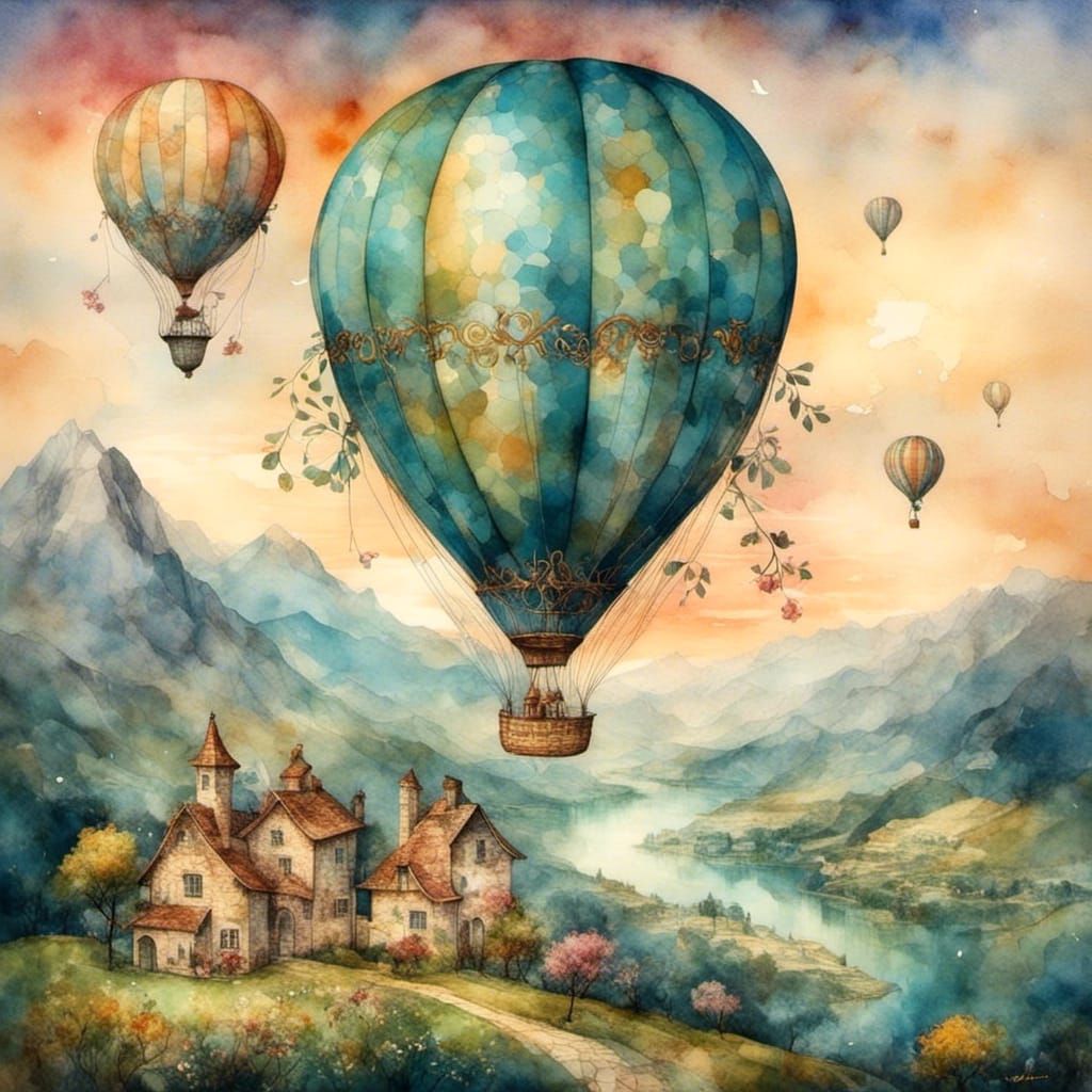 Majestic Hot Air Balloon Flight at Sunset Watercolor