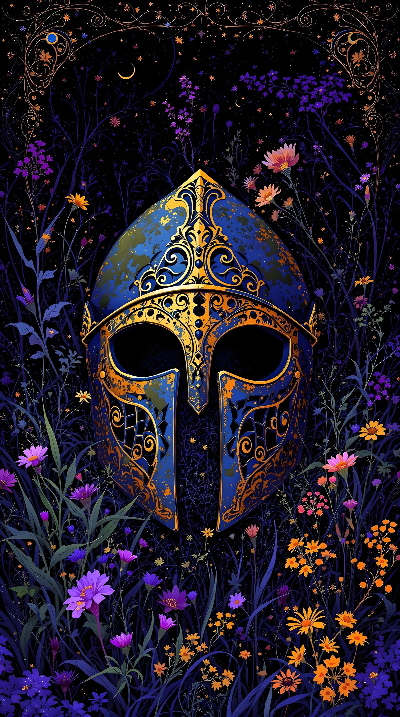 Medieval Helmet in Art Nouveau Style Illuminated by Blacklig...