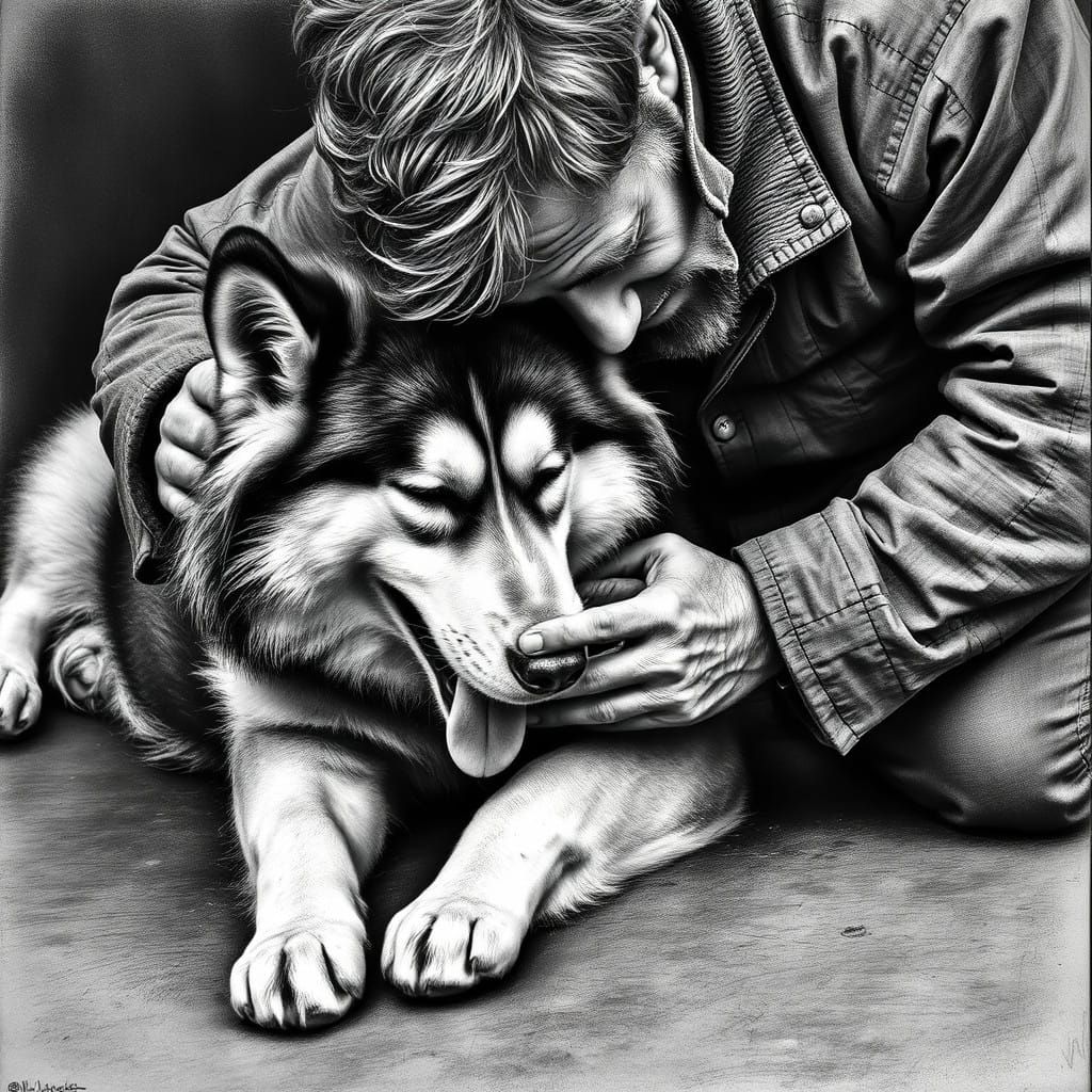 Alaskan Malamute Surrendering to Gentle Touch in Charcoal Po...