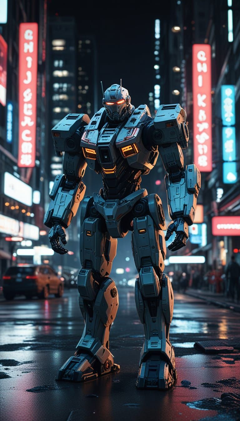 Mech in Neon City: Sci-Fi Cinematic Still