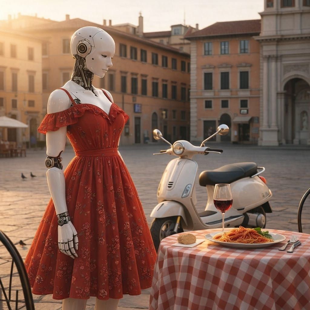 Humanoid Robot Embraces Italian Culture in 8k UHD Photo