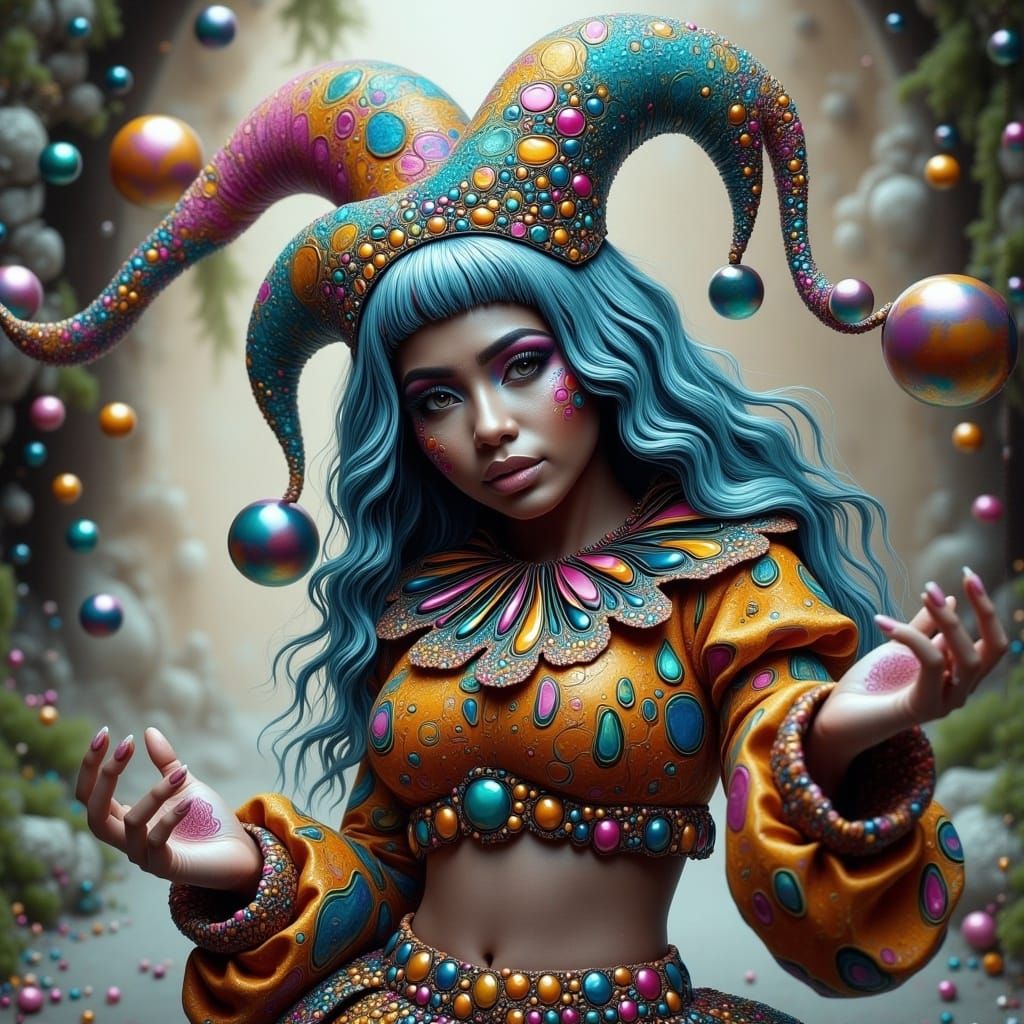 Whimsical Boho Female Jester in Hyperrealistic Color Scheme