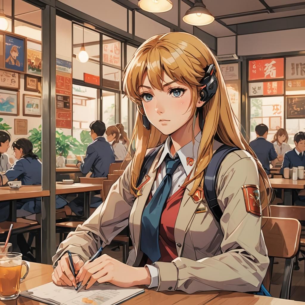 Samus Aran as Anime Schoolgirl in Cafe